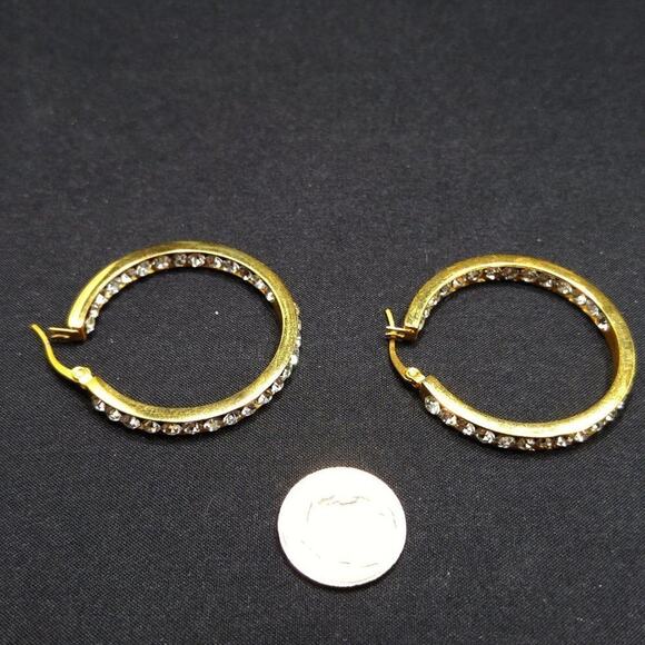 Gold Rhinestone Hoop Earrings 316L Stainless Steel Pierced 1.5" Vintage - Picture 8 of 9